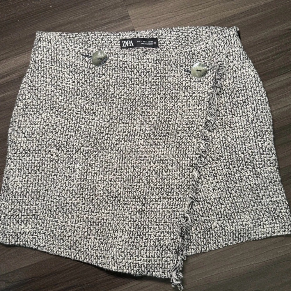 Zara Skort Womens Small Gray Tweed Wrap Front Shorts Mini Skirt Pockets Lined